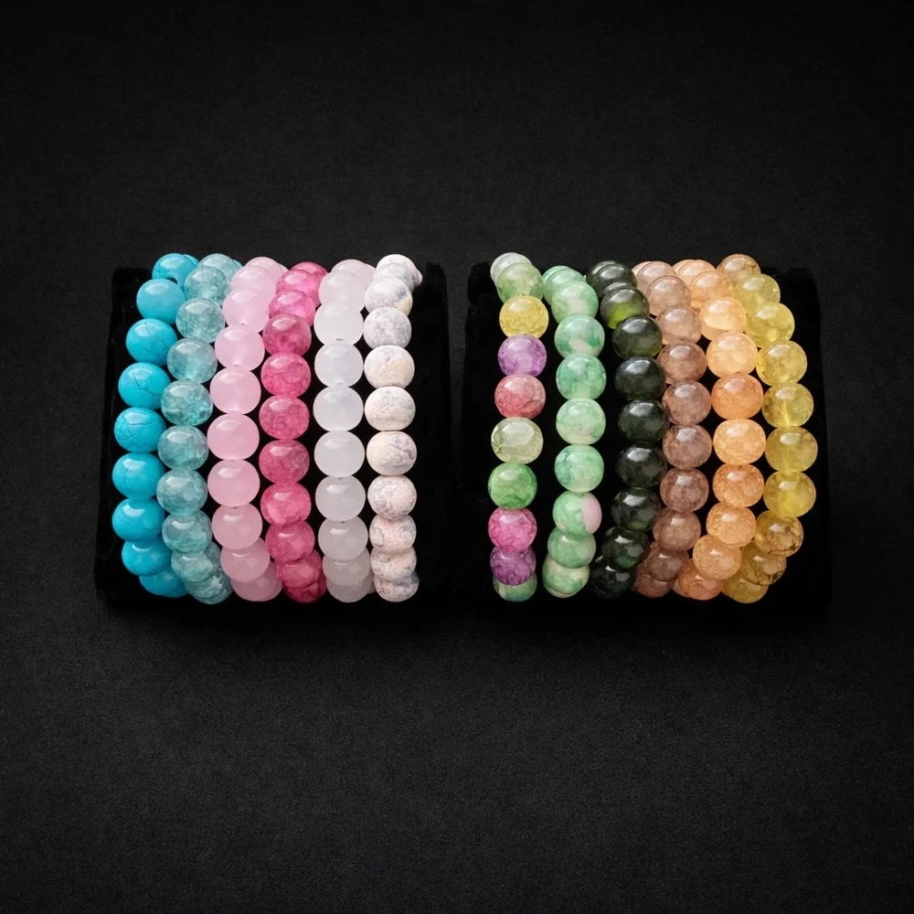 Set of 12 Stretch Glass Bead Bracelets Colorful Stack ~7–7.5” New